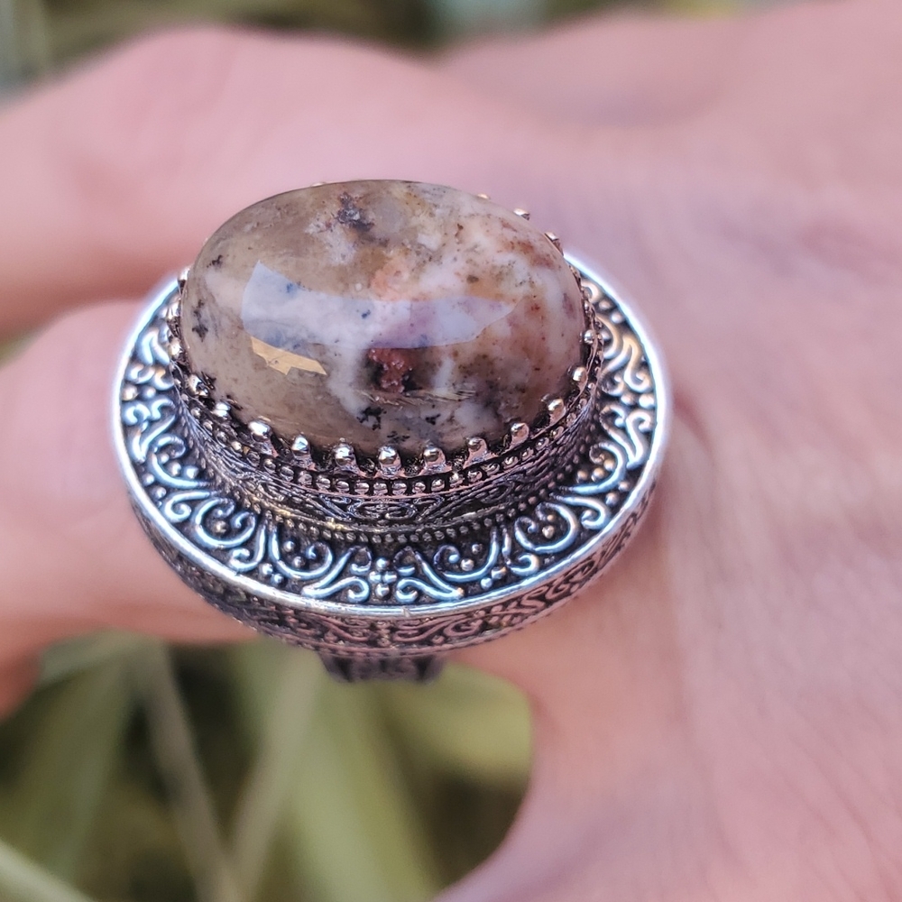 New Dendritic Opal 925 Silver Statement Ring.